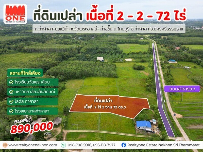 ที่ดินเปล่า 3 ไร่ 38 ตารางวา  อ.ท่าศาลา ราคาเพียง 1,100,000 บาท