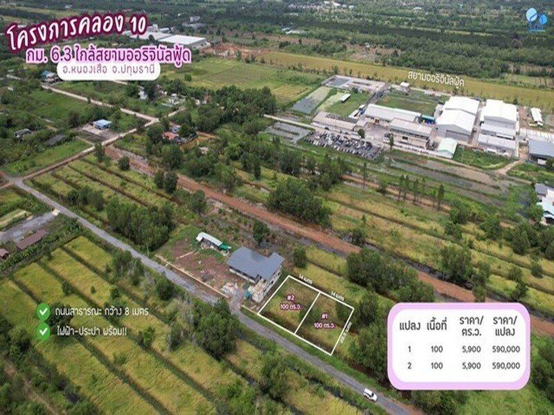 ขายที่ดินคลอง 10 แปลงที่ 2 หนองเสือ ปทุมธานี 100 ตารางวา ถนนคอนกรีต ใกล้ชุมชน เหมาะสร้างบ้านสวนหรือซื้อเก็บลงทุน