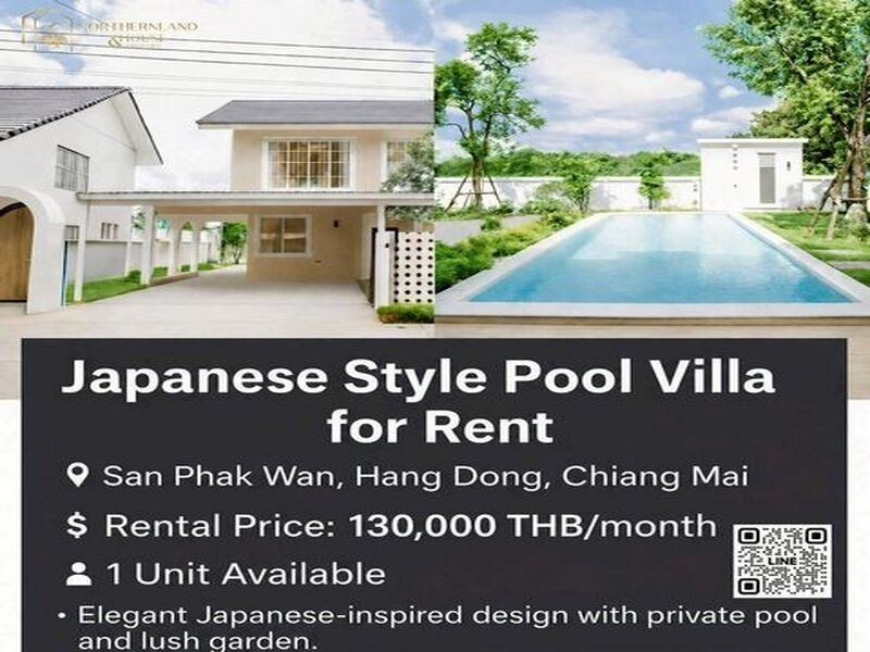 พูลวิลล่า #สไตล์ญี่ปุ่น ให้เช่า 130,000 บาท/เดือน #บ้านพูลวิลล่าสร้างใหม่ 2 ชั้น #สันผักหวาน #หางดง ตกแต่งสวย ใกล้ #โรงเรียนนานาชาติหลายแห่ง