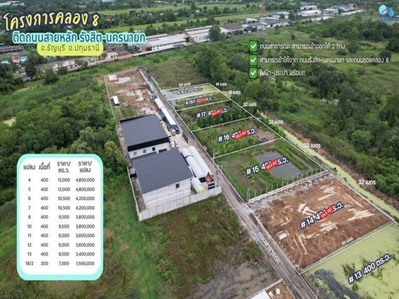 ขายที่ดินคลอง 8 แปลง 8 ติดถนนรังสิต-นครนายก 400 ตารางวา ทำเลศักยภาพ เหมาะทำโกดัง อาคารพาณิชย์ หรือ Land Bank