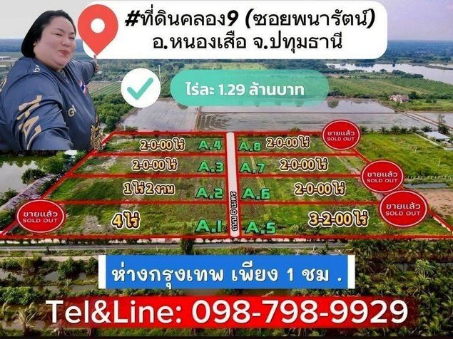 ที่ดินคลอง9 (ซ.พนารัตน์) รังสิต ปทุมธานี ไร่ละ 1.29 ล้านบาท (เข้าจากถนนรังสิต นครนายก 2.8 กม.)